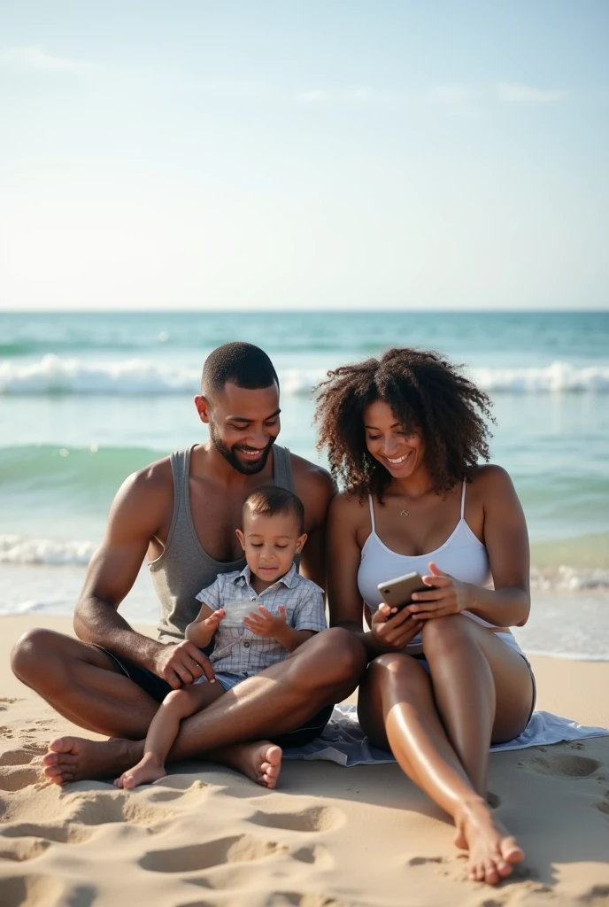 A 30-year-old brown-skinned man, playing with your family on the beach, dressed in shorts and a tank top, sitting on the sand with his son and wife while his laptop is far away from him on a chair. High resolution photography, lente angular