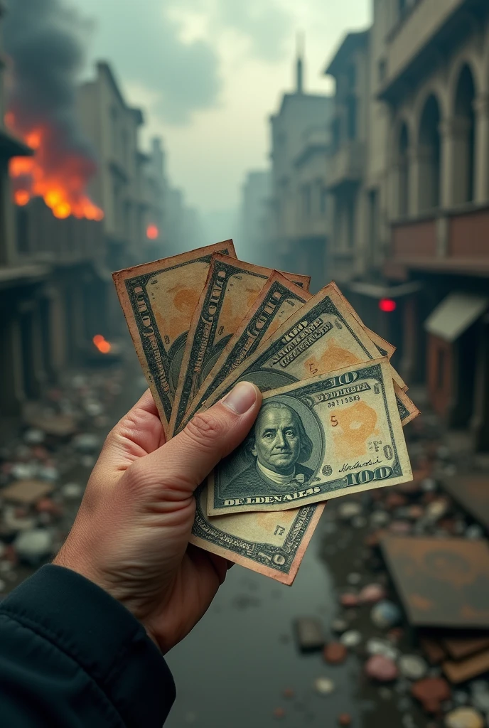 The image shows a close-up of a hand holding a wad of banknotes, presumably from a traditional fiat currency. However, These banknotes look increasingly deteriorated, discolored and worn, with burn marks or tears.
In the background, A ruined cityscape looms, with decaying buildings, Smoke and flames suggesting a state of chaos and destruction. The sky is covered by dark and threatening clouds, giving a sense of impending catastrophe.
The predominant colors are somber shades of gray., brown and red, creating a gloomy and gloomy atmosphere. small details, such as digital clocks displaying erratic hours or graphs depicting currency devaluation, may appear in the image, reinforcing the collapse of the economic system.
The hand holding the bills is wrinkled and worn., as if it belongs to a person who has survived difficult times. This image conveys a sense of hopelessness and vulnerability in the face of the deteriorating value of traditional currency., which seems to have lost its purchasing power in the midst of the apocalyptic crisis.