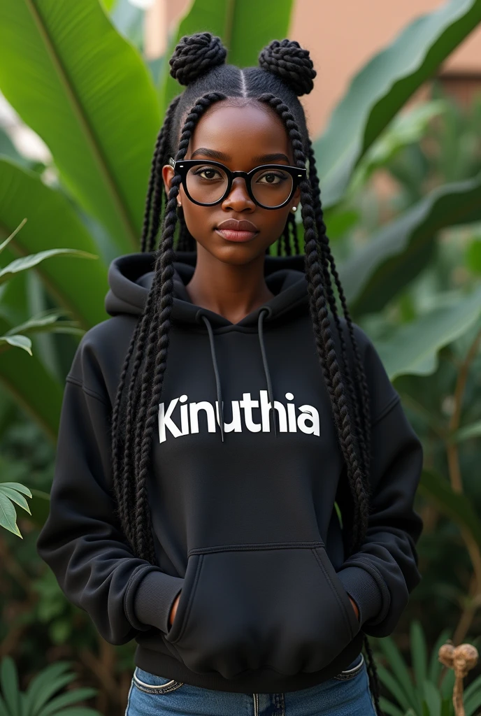 (photorealism:1.2), beautiful black African woman,23 years,sharp boobs,,wearing jeans and a fitting hoodie written "Kinuthia", long braids,oversized black glasses, standing , plants in background