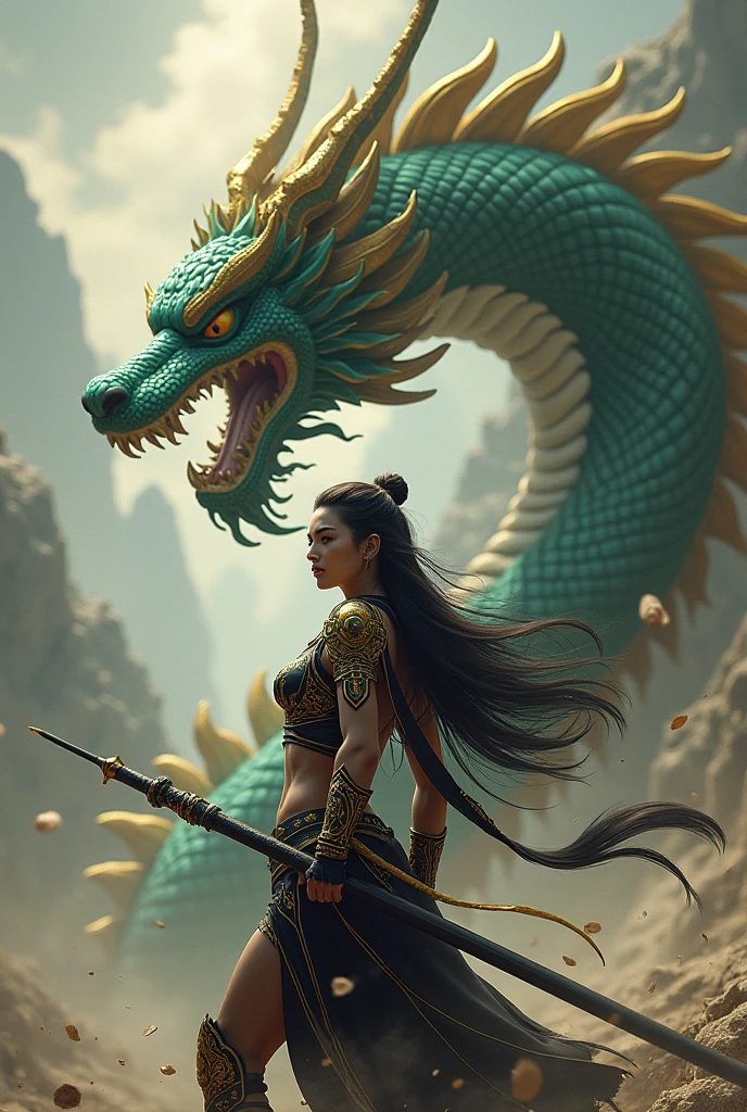 A Thai female warrior with long black hair, wearing black and gold armor, holding a black spear. In the background is a green and gold great naga raising its neck.