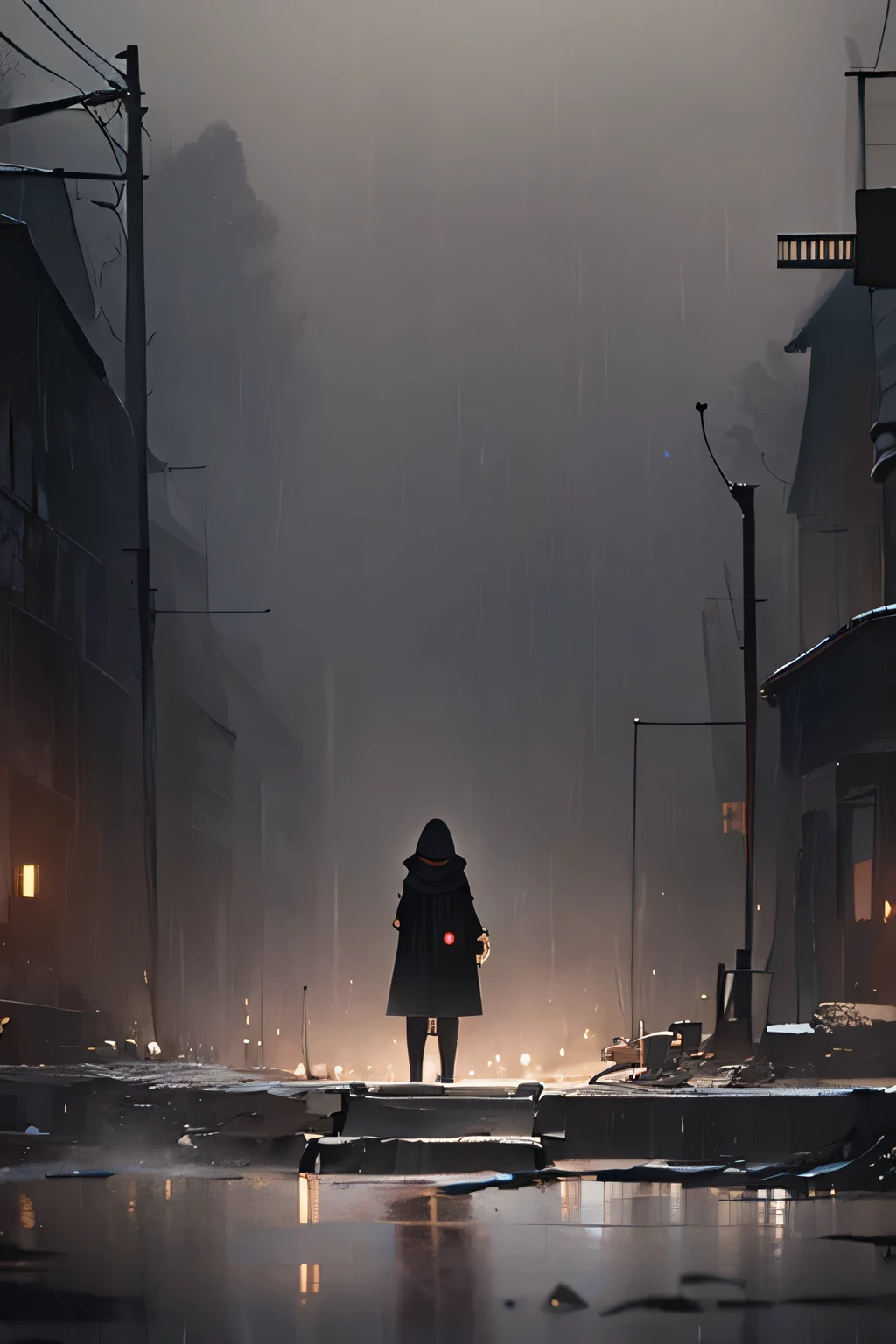 A sexy blonde haired girl, dressed completely in black, including a hooded jacket pulled up and a gas mask. He stands far in the distance, under constant rain, in a dark and melancholic atmosphere, with a grey and cloudy sky adding a dramatic touch to the scene. The rain falls around her, creating a mystical effect, while his small but remarkable figure stands out in the distance, generating a powerful and enigmatic image