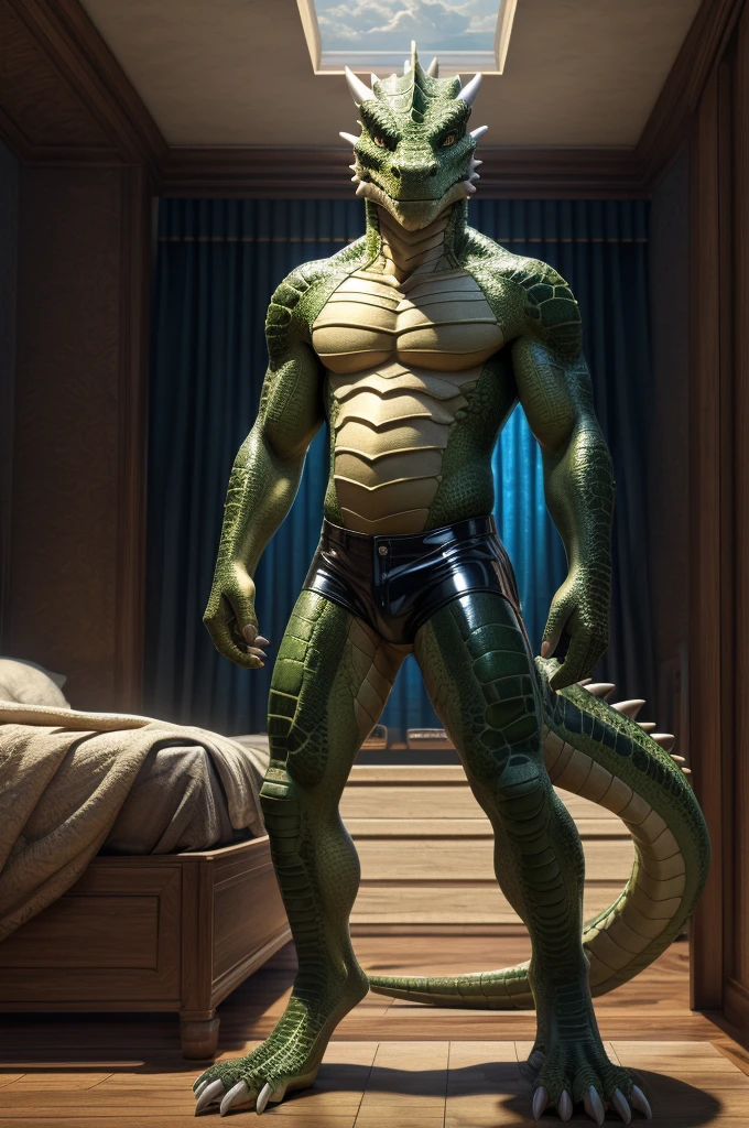 ((( masterpiece, Highest quality, High resolution, Deeply drawn boundaries, 8k, Super detailed))), ((Detailed face:1.2, Detailed eyes)), Lizardman, male , (slim), (Latex hot pants), Full body view, (belly scales), Standing with legs apart, Slit pupil, Green scales, barefoot, Toned buttocks, bedroom, 