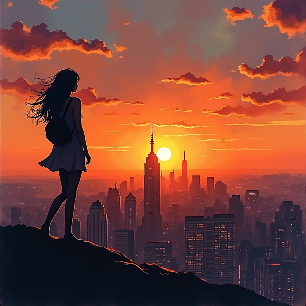 A cityscape spreads out in the background、Female painting, detailed silhouette, ✏️🎨, Inspired by Milton Glazer, Great art, With the sunset, Sunset in the city, Beautiful art, Sunset around my head, Great art, stylized silhouette, City view, silhouette!!!, Sunset illustration, Brain City Art, Watercolor, silhouette over sunset, Beautiful artwork