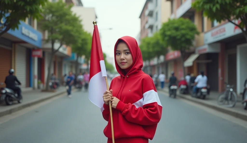 very high quality photo, independence scene, a woman wearing a hijab from Indonesia, wearing a red and white hoodie and sneakers, carrying a flag posing on the side of a city street, full body, realistic and cool visual effects, looks real and perfect, UHD 64K, very sweet