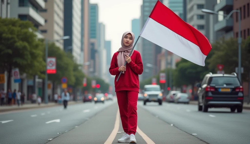 very high quality photo, independence scene, a woman wearing a hijab from Indonesia, wearing a red and white hoodie and sneakers, carrying a flag posing on the side of a city street, full body, realistic and cool visual effects, looks real and perfect, UHD 64K, very sweet