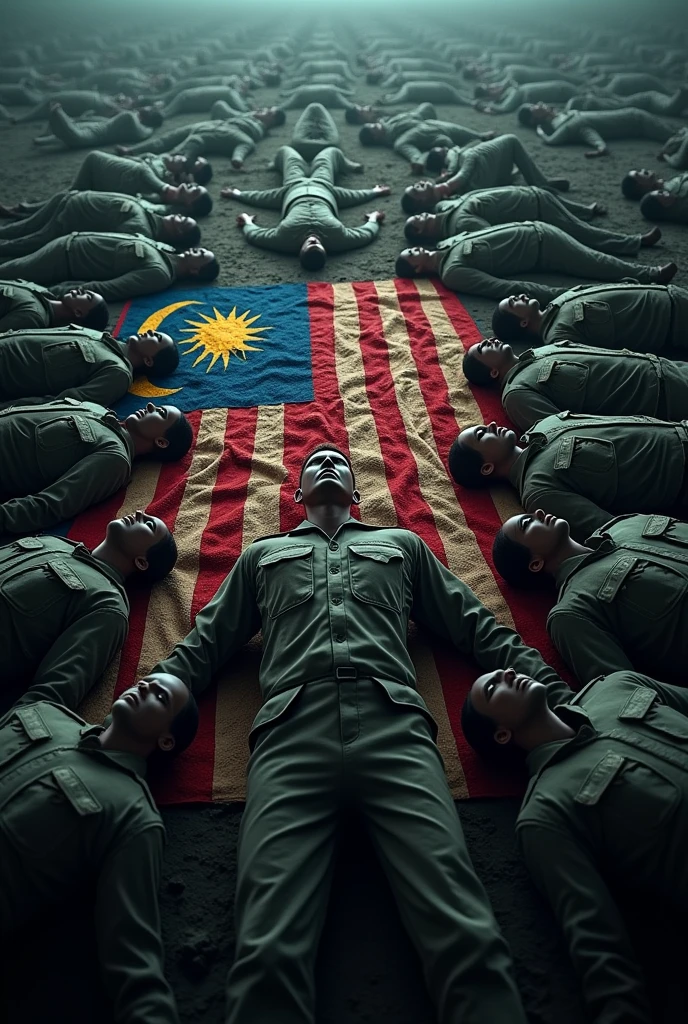 a dead army of soldiers, hugging the Malaysian flag, highly detailed realistic 3D render of malaysian flag, army soldiers hands touching flag from an elevated overhead view, highly detailed, cinematic lighting, ultra-realistic, photorealistic, dramatic, wide angle, low angle shot, intense colors, vibrant, striking, powerful, emotional, masterpiece dark and gritty, dramatic lighting, cinematic composition, hyper-realistic, 8k, (best quality,4k,8k,highres,masterpiece:1.2),ultra-detailed,(realistic,photorealistic,photo-realistic:1.37),HDR,UHD,studio lighting,ultra-fine painting,sharp focus,physically-based rendering,extreme detail description,professional,vivid colors,bokeh,dark fantasy,dystopian,conceptart