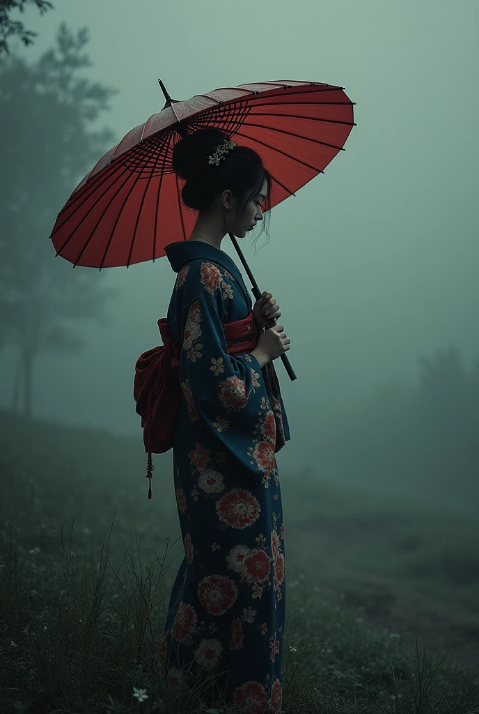 kimono girl holding a big umbrella,There's a lot of black shadows behind him,fog,Wind,night,High Noon,bamboo,Grass in the ground,Mud on the ground,Film Grain,,traditional japanese art,Oriental,ax,Ghosts of Tsushima,Handmade,Art Nouveau,detailed, sexy, nsfw detailed beauty face, Full Body Shot,up style hair