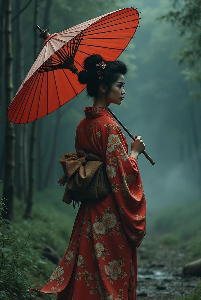 kimono girl holding a big umbrella,There's a lot of black shadows behind him,fog,Wind,night,High Noon,bamboo,Grass in the ground,Mud on the ground,Film Grain,,traditional japanese art,Oriental,ax,Ghosts of Tsushima,Handmade,Art Nouveau,detailed, sexy, nsfw detailed beauty face, Full Body Shot,up style hair
