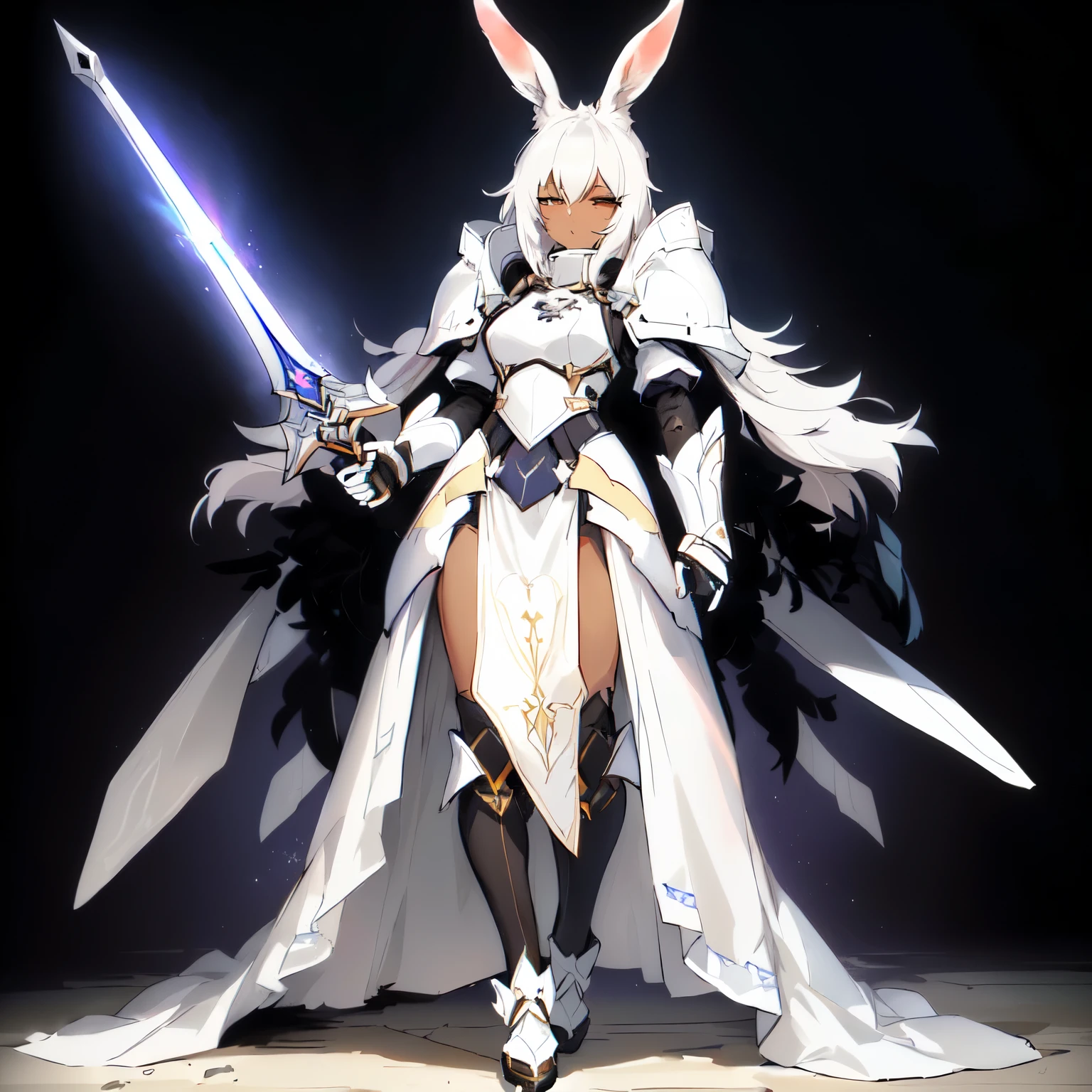 anime character dressed in white with rabbit ears holding a sword, from arknights, rabbit warrior, rabbt_character, official character art, arknights, ( ( character concept art ) ), anime character art, glossy white armor, white armor, cushart krenz key art feminine, best anime character design, female anime character, great character design, dark skin