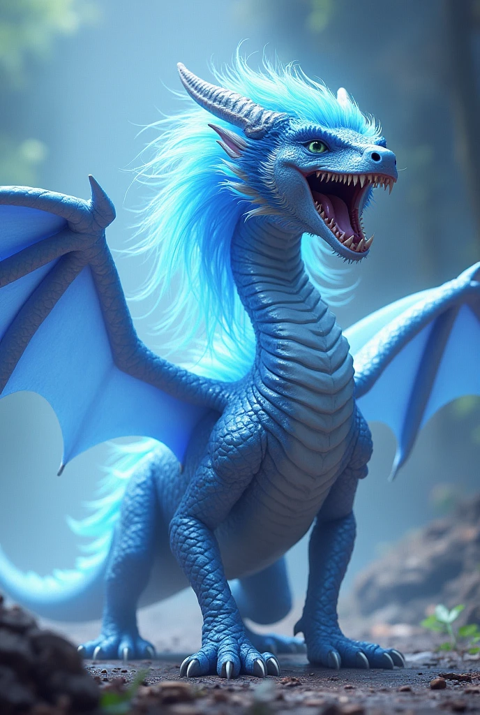 Cool Dragon,Open your mouth, Blue Hair/Light blue hair, Off-screen, Afterimage, God,Large wings,Powerful aura