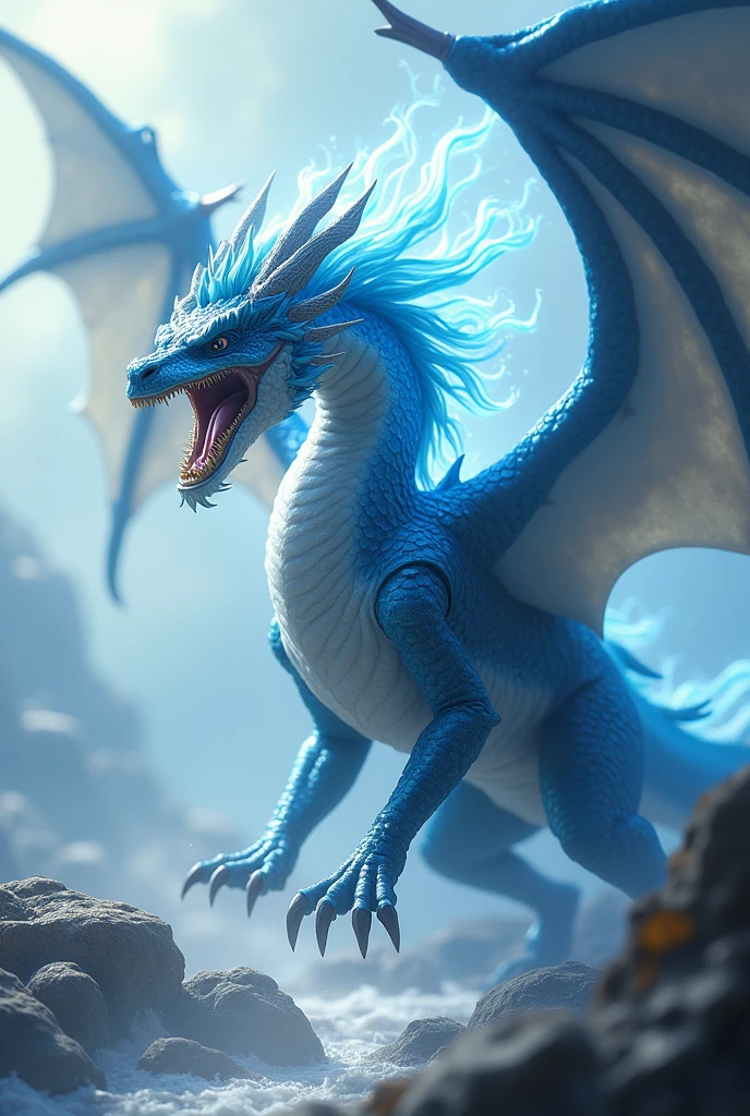 Cool Dragon,Open your mouth, Blue Hair/Light blue hair, Off-screen, Afterimage, God,Large wings,Powerful aura
