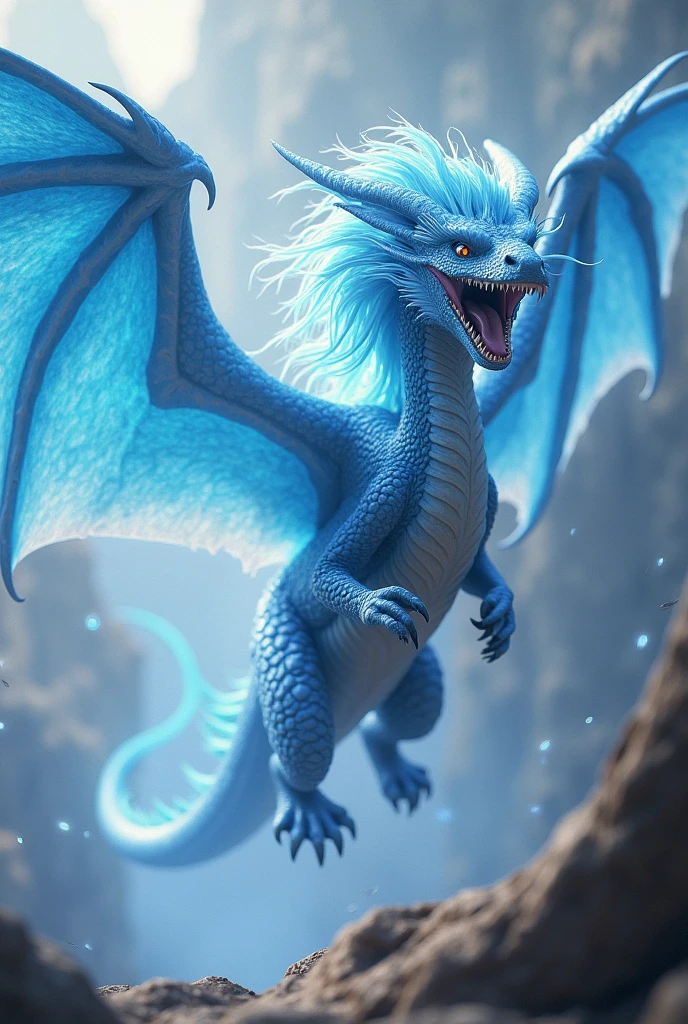 Cool Dragon,Open your mouth, Blue Hair/Light blue hair, Off-screen, Afterimage, God,Large wings,Powerful aura