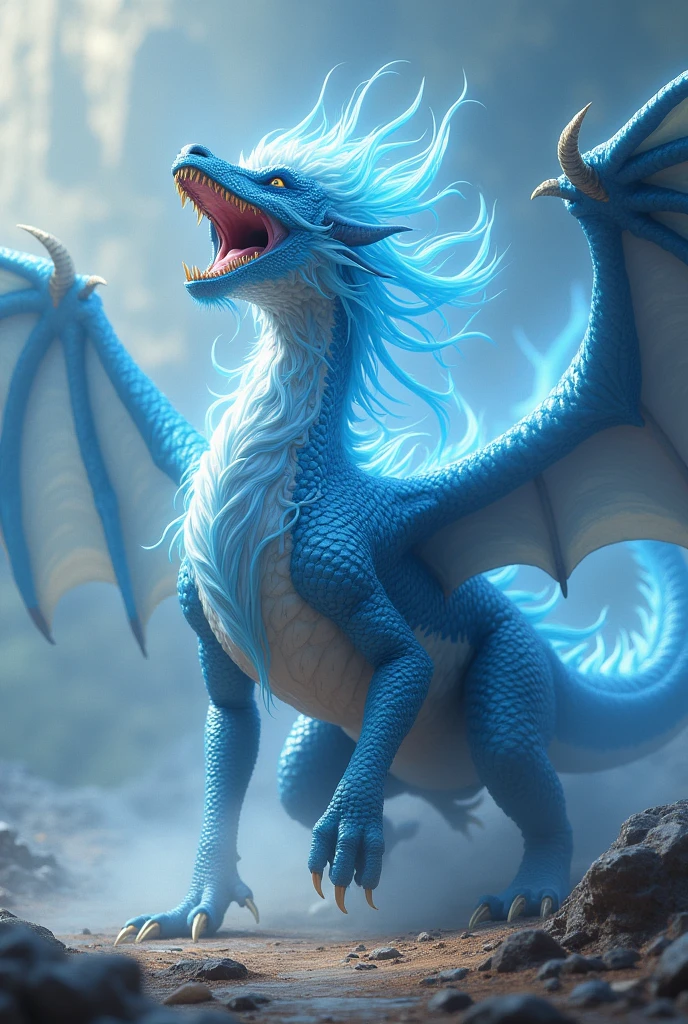 Cool Dragon,Open your mouth, Blue Hair/Light blue hair, Off-screen, Afterimage, God,Large wings,Powerful aura