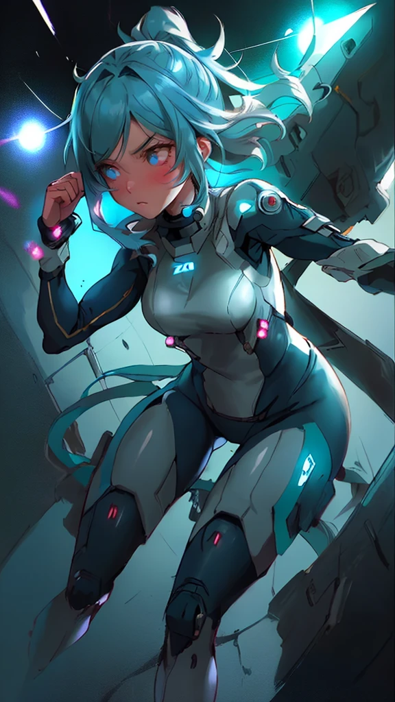 let's paint a picture of Zara in her charging chamber. The room is dark and sleek, with metallic walls and a futuristic design. In the center of the room is a large charging pod, where Zara stands, connected to various cables and wires. She wears a skintight black jumpsuit, made from a special material that enhances her cyborg abilities. The suit has glowing blue accents, indicating her charging status. Her hair is pulled back in a tight bun, to keep it out of the way during the charging process. Her piercing blue eyes are closed, and her expression is peaceful as she recharges her batteries. The charging pod emits a soft blue light, giving her an otherworldly appearance. It's a sight to behold, the futuristic technology and the powerful cyborg, all in one room