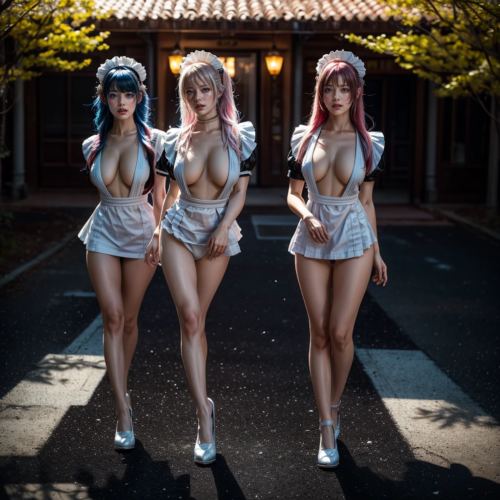 (Full Body of Extremely Detailed((Sexy Maid Group in a row:1.37))), KAWAII perfect face, Reflective Eyes, Detailed(Delicate Clothing textures), Correct Leg Line, Dynamic Joyful Expressions LifeLike Rendering, Specular Reflection, TopQuality 8K Ultra-detailed masterpiece (ProfessionalPhoto:1.37), (Acutance:0.8), (Luminism:1.28), (Renaissance art style), Colorful Light particles, ((Full body from side)), {Kissing|Thigh Gap|AssFocus|(NakedApron with Overflowing SideBoob)}, Radiant Fine Skin with Transparency, (Exposed:0.4), (Different types of Anime hair color){Pink Hair|Blue Hair|Platinum Blonde|Pure White Hair|Liquid Hair}, Perfect Lighting 