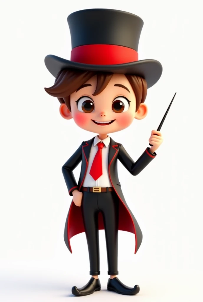 A happy and cute person with short brown hair, wearing a magician's outfit consisting of a white shirt, a red tie, a pair of black pants, shoes black, a black top hat with a red band on his head and a magic wand in his hand, white background, Pixar-style, 3d, Cartoon s, face detailed, asymmetric