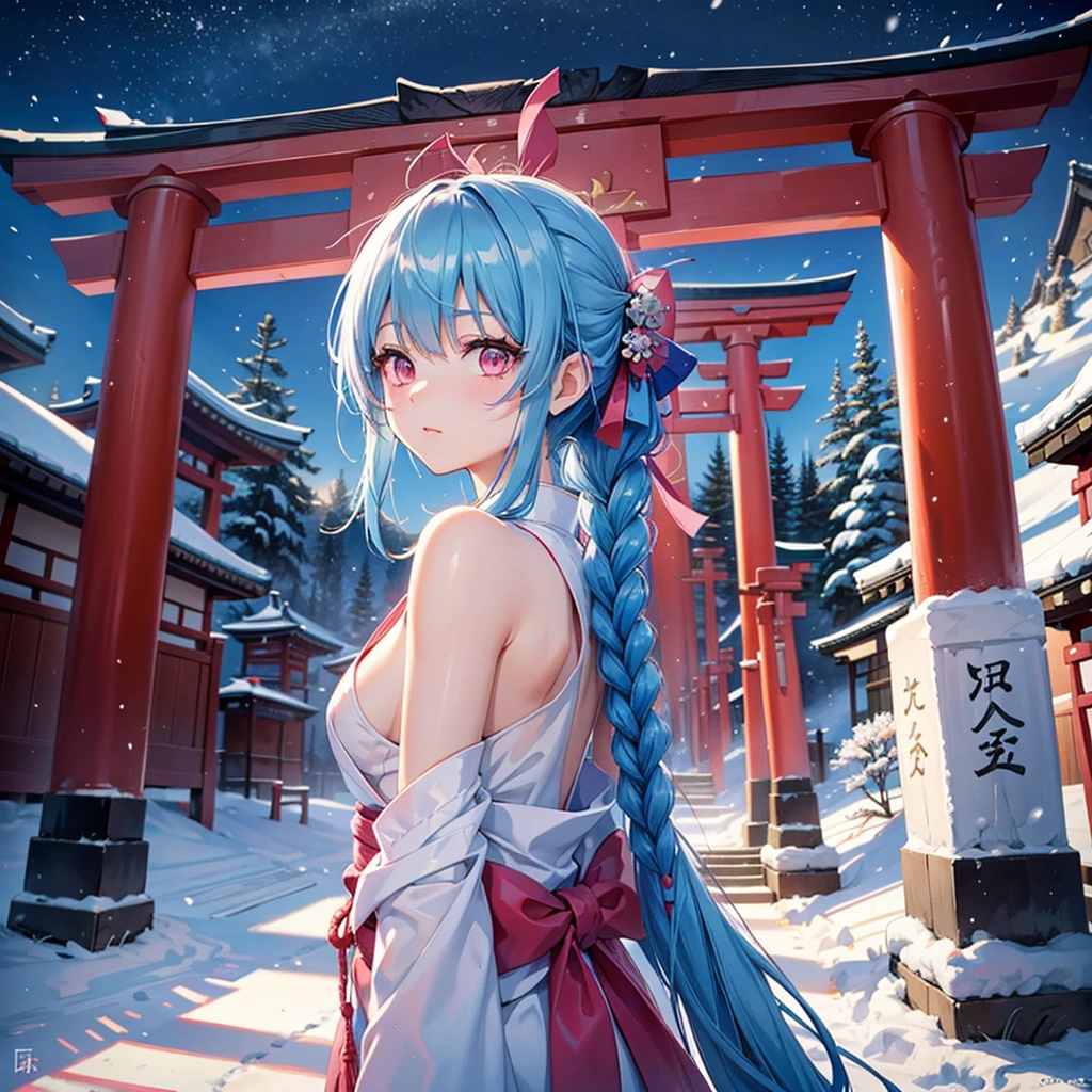 (Tying her sky blue hair into a single braid),(Pink Eyes),Fair skin,whole body,alone,Snowy Night,Drawing a fortune at a temple,torii,Shrine maiden、masterpiece, Highest quality, Very detailed, Best Shadow,Detailed Background,Beautifully detailed face,High Contrast,Best lighting, Very delicate and beautiful,Cinematic Light,Hyper Detail,8k,Dramatic Light,Exquisite detail,