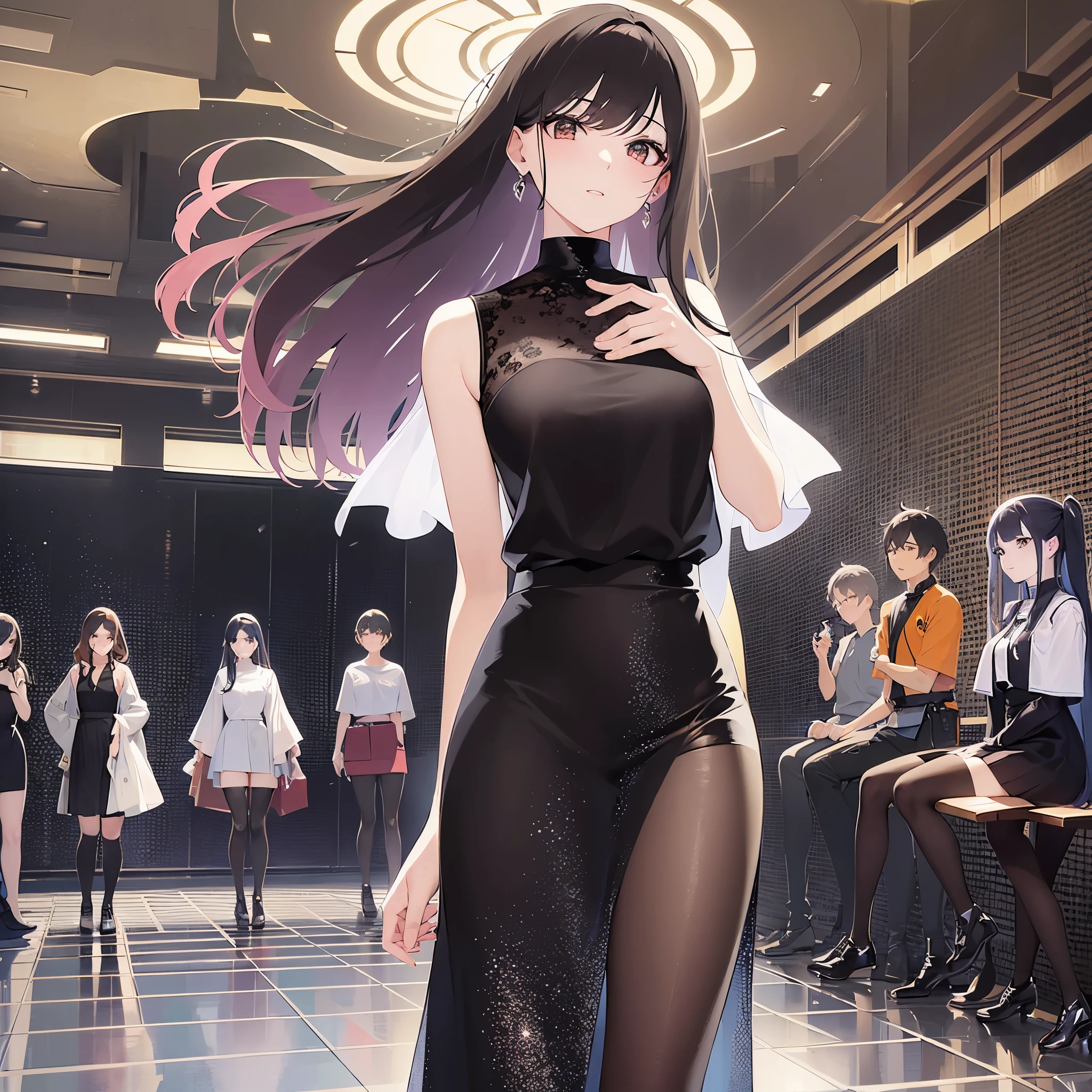 Upper Body, runway,walking,
Realistic, real person, (pale skin: 1.2), RAW photo, photorealistic, shiny skin, shiny hair、
(A 15-year-old female with medium length hair and bangs) and (wavy hair) and (brown hair) and (orange eyes),
Walking down the light-filled runway、Model in avant-garde cut black and white dress