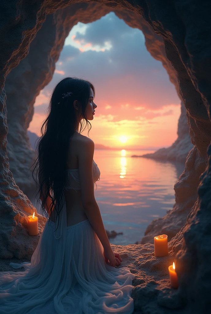 A raven-haired nymph with long hair, blue eyes watching the sunset inside a cave
