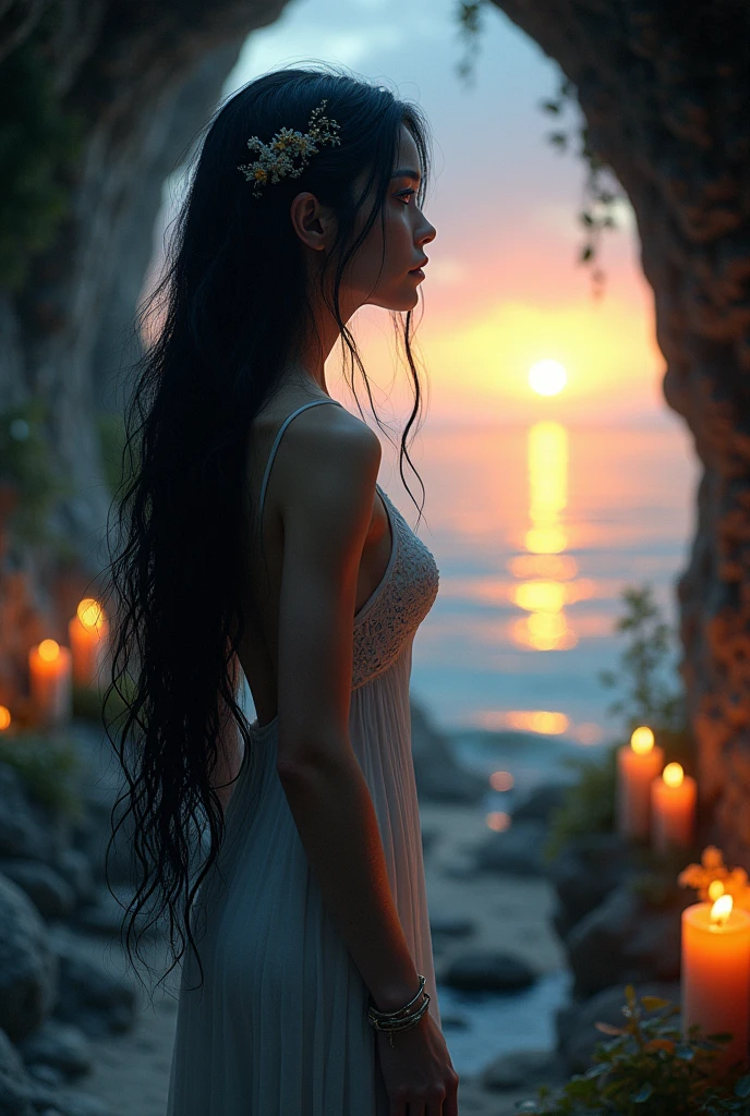 A raven-haired nymph with long hair, blue eyes watching the sunset inside a cave