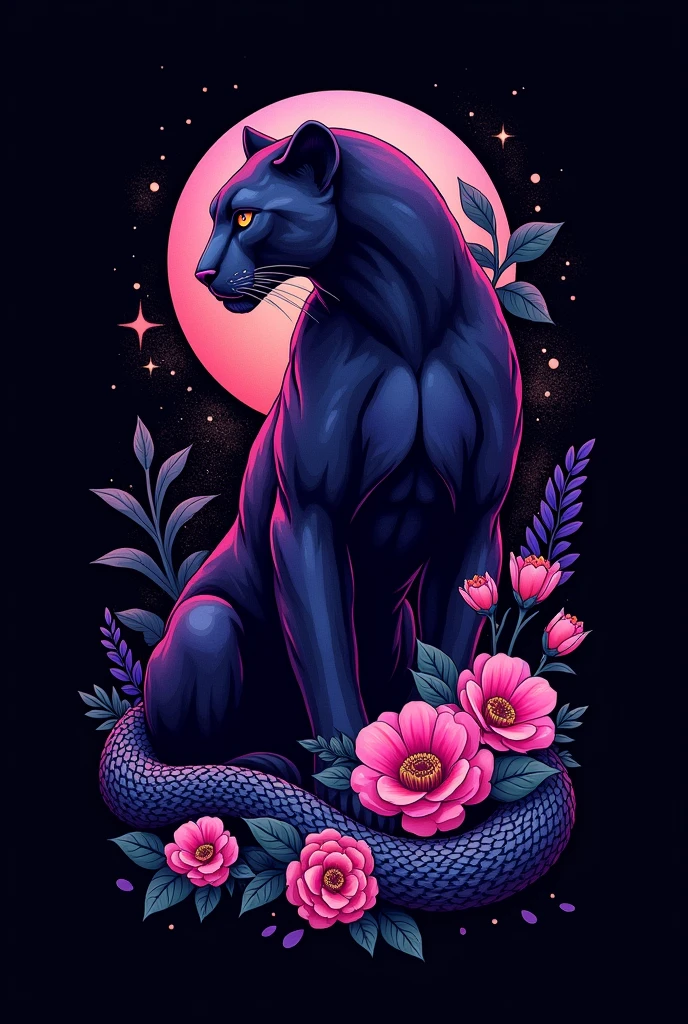 Logo for a profile of a purple black panther with a snake and flowers together on a black background that shows a strong personality