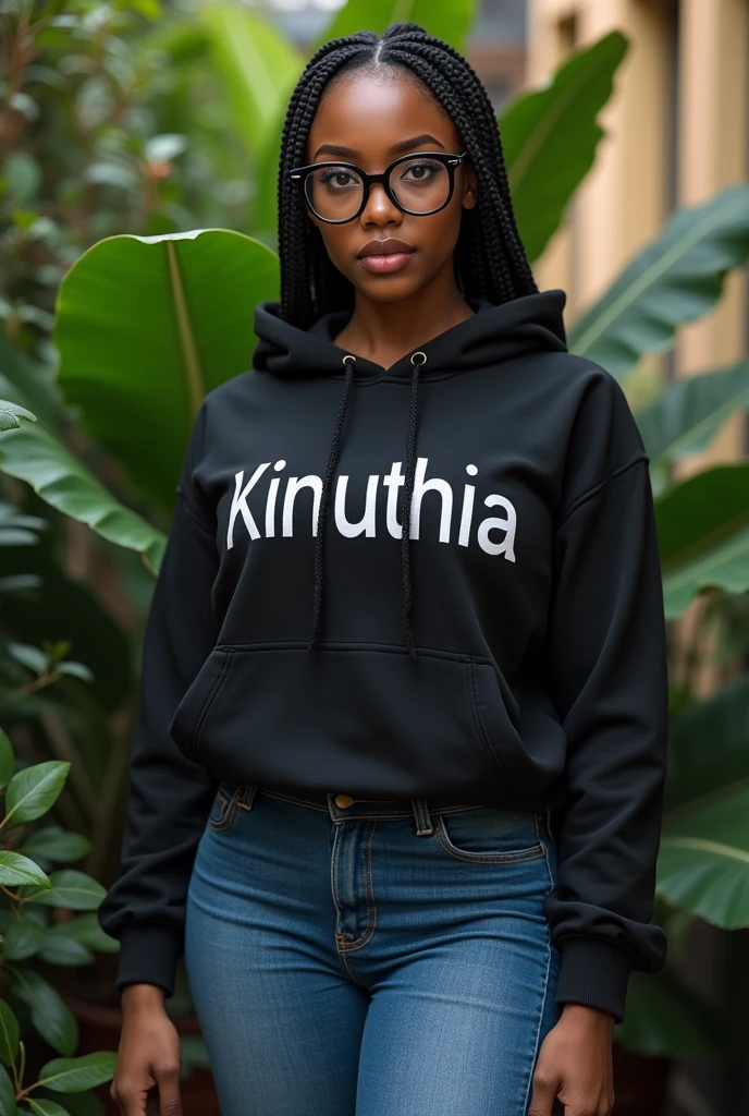 (photorealism:1.2),  beautiful black African woman,23 years,sharp boobs,,wearing jeans and a fitting hoodie written "Kinuthia", long braids,oversized black glasses, standing , plants in background 
