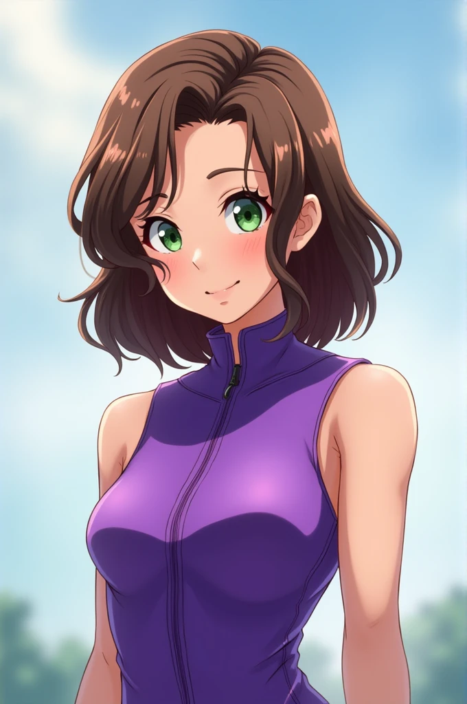 A person with medium brown wavy hair, green eyes, wearing a purple sleeveless jumpsuit, anime style.