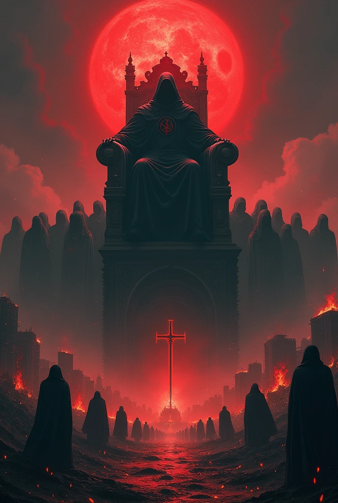 The image is divided into two main sections. On top, an imposing throne or seat of power is highlighted, occupied by a shadowy and menacing figure symbolizing the Antichrist or the embodiment of evil.
This central figure is surrounded by a court of followers and devotees, who seem to pay homage and obedience to their leader. These followers wear dark attire, hoods and symbols that suggest a sinister and fanatical character.
At the bottom of the image, a panorama of chaos and destruction is shown. Terrified and desperate crowds flee the oppressive regime, while buildings are ablaze, ruins and rubble dominate the landscape. Signs of violence appear, like weapons, abandoned corpses and vehicles, who reflect the brutality and terror implemented by the Antichrist's government.
The predominant color palette is dark and somber., with shades of red, black and gray that evoke an atmosphere of oppression and despair. Details like marks, stamps or symbols resembling the "Mark of the Beast" may appear in the image, reinforcing the notion of a totalitarian and demonic system.
In the background, dark clouds and a threatening sky are glimpsed, suggesting the intervention of supernatural forces and the presence of an evil power that dominates the world.