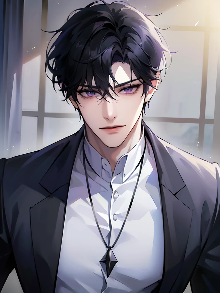 (masterpiece, 8k, high quality, best quality:1.6), 1boy, solo, short hair, black hair, asymmetrical fringe, purple eyes, handsome, sharp eyes, (mature male, mature:1.2), male focus, fashionable, tucked in open white collared shirt, gray pants, necklace, close up, smile, long eyelashes, soft shadows, perfect anatomy
