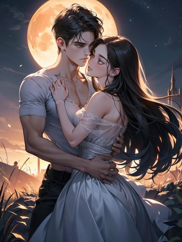Teen Wolf, a male werewolf holding a beautiful girl under the exquisite features of a moonlit night. His eyes gleamed with raw, hyperrealistic emotion as chiaroscuro shadows danced across his perfect face, enhancing the anime-inspired appeal of this werewolf love theme. The girl's delicate features were equally captivating, her skin reflecting the soft moonlight with an extremely detailed, smart look. High detail and sharp focus captured every intricate line on their bodies as they shared a passionate moment in the comfortable embrace of the night. (Photo realistic: 1.2)