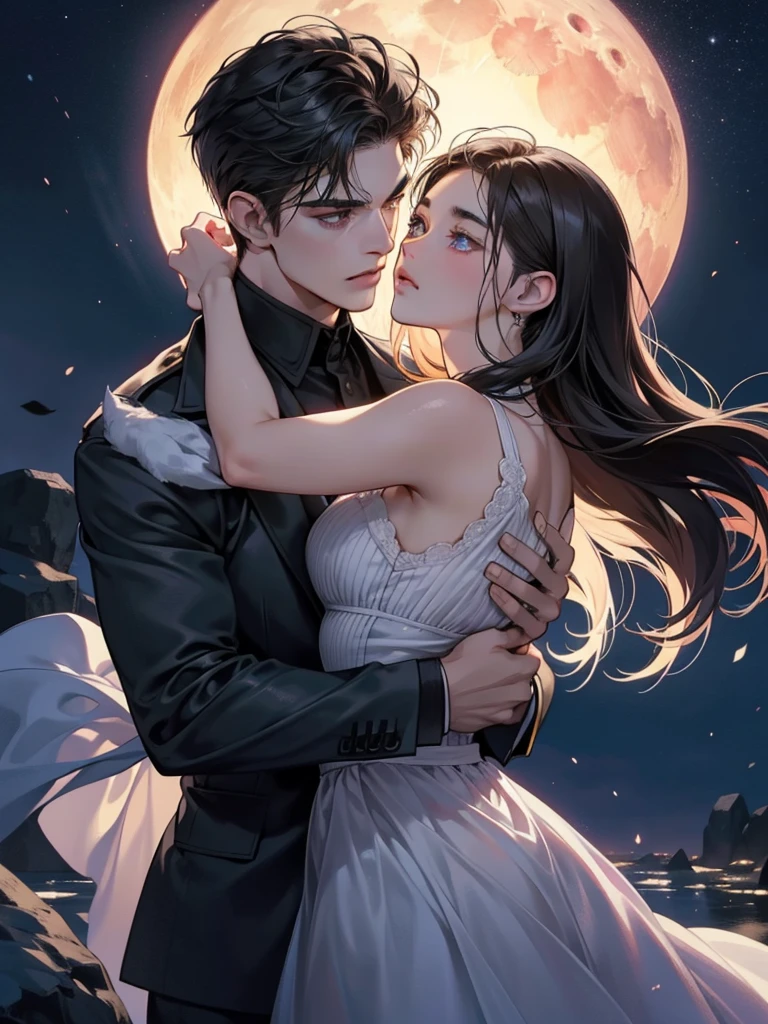 Teen Wolf, a male werewolf holding a beautiful girl under the exquisite features of a moonlit night. His eyes gleamed with raw, hyperrealistic emotion as chiaroscuro shadows danced across his perfect face, enhancing the anime-inspired appeal of this werewolf love theme. The girl's delicate features were equally captivating, her skin reflecting the soft moonlight with an extremely detailed, smart look. High detail and sharp focus captured every intricate line on their bodies as they shared a passionate moment in the comfortable embrace of the night. (Photo realistic: 1.2)
