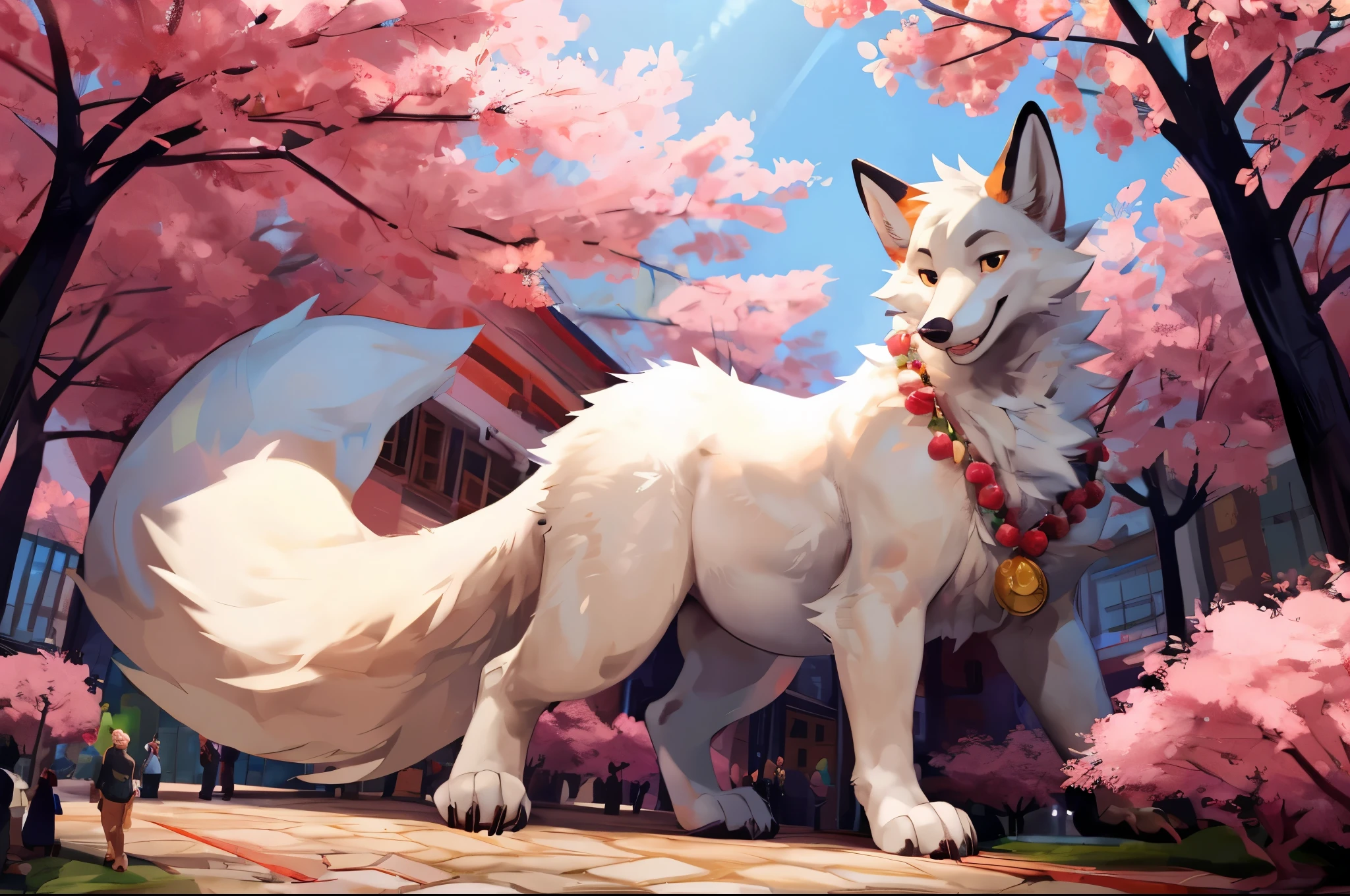 4k ultra quality, 4k full body view,(ultra high detailed body),((feral)) fox,by mystikfox61, by glitter trap boy,feral paws, by bebebebebe,by morethreedee, by seibear,sharp nails,((sfw)),(ultra detailed face),detailed eyes,big tail,fluffy tail,(detailed tail),enomorous tail,bigger tail,huge tail,volumetric light,fluffy paws,(feral focus), beast,(bigger lower body),(long legs),master works, super fine, 4k resolution, high quality,high picture detail,illusory engine, Masterpiece,dire fox,faint lighting,(white fur),((long legs)),( fox),white belly fur,enomorous belly, huge belly, (round belly),(macro),among sakura, crowds,wearing flower necklace,front view