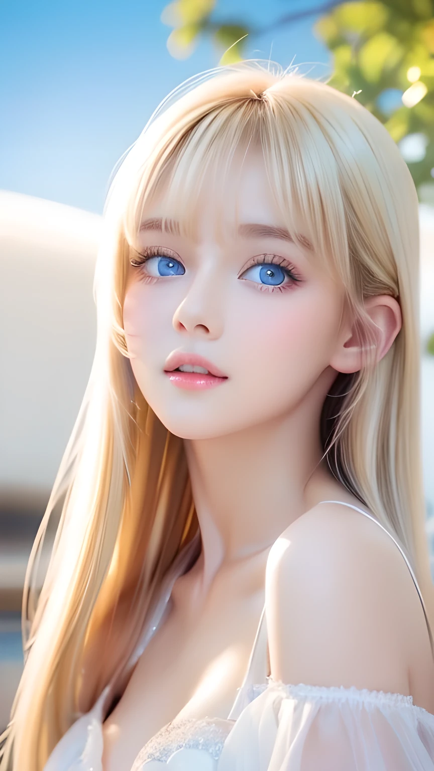 Incredibly bright, white, glossy, beautiful skin、Blonde hair color that changes with reflected light、Bangs between the eyes blocking the view、Glossy highlight on cheeks、sexy, very beautiful, lovely, cute, gorgeous face、The most beautiful face in the world、A beautiful girl、Super long blonde hair、smooth, straight hair、Big Breasts, Sparkling bright sky blue eyes、Beautiful bangs、Her beautiful, cute