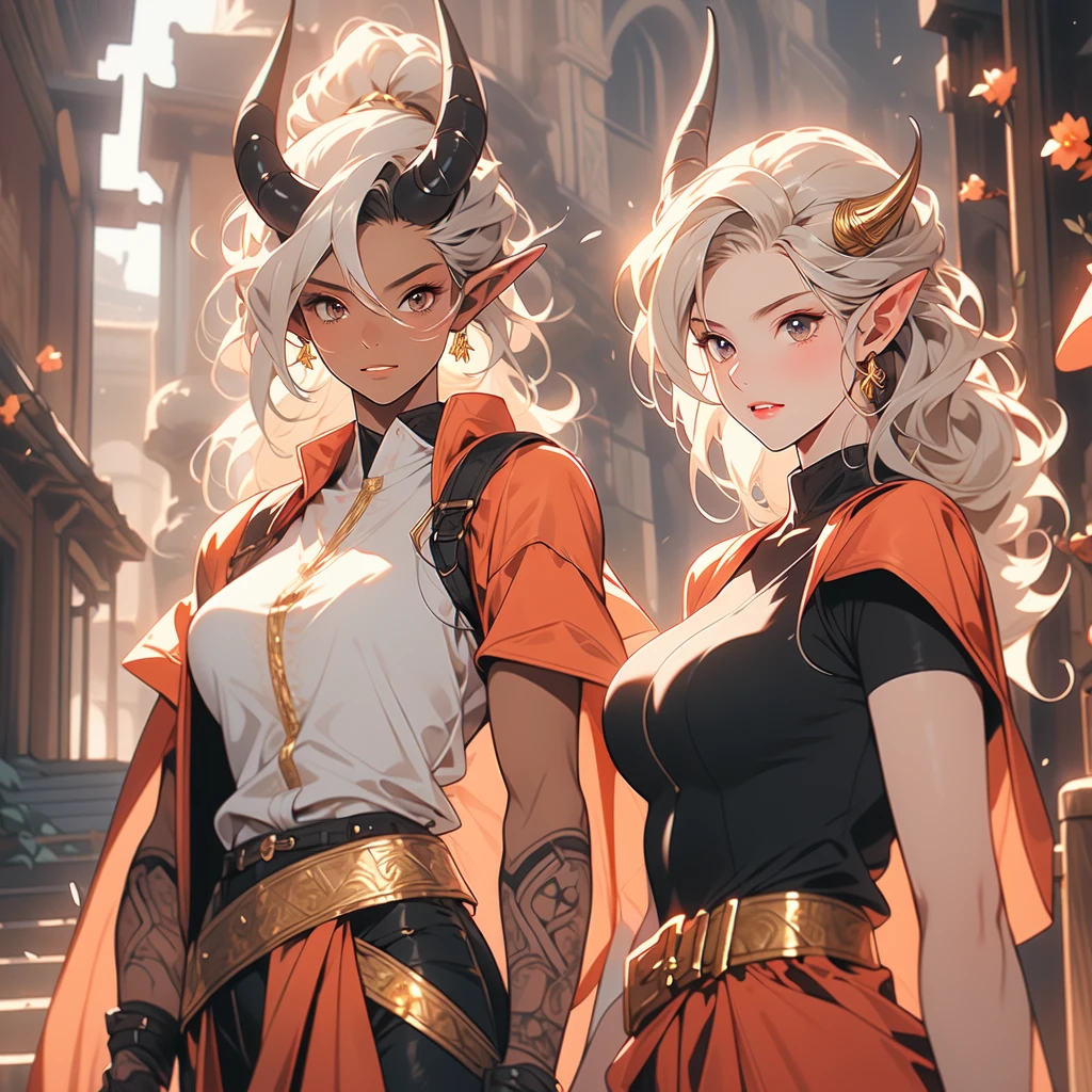 ((best quality)), ((masterpiece)), (detailed), 1 women dark knight armor, 8k_wallpaper, extremely detailed eyes, (large masterpiece digital art), (intricate details:1.3 ), (ultra-detailed:1.3), (sharp focus:1.3), (natural lighting:1.05), (vivid colors:1.3), (best quality:1.4), expressive eyes, full body, detailed face, beautiful face, perfect face, ((hair sandy white curls)), ((gold horns)), (gold eyes), {{dark skin}}, ({dark skinned female}), big breasts, huge chest, mid-range pelvis and big ass, an arrogant cruel look and a predatory smile with a large number of fangs, an open red coat with rolled up sleeves, an open coat with rolled up sleeves, steel heavy knight armor, a wide orange belt lowered lower with large gold yarn, leather pants with steel thigh guards, leather gloves, steel gold bracers and shoulder pads, dark silver chain mail oversleeves, a medieval marching backpack, walking along the path against the backdrop of the elven ruins of the city and colorful blooming flowers,