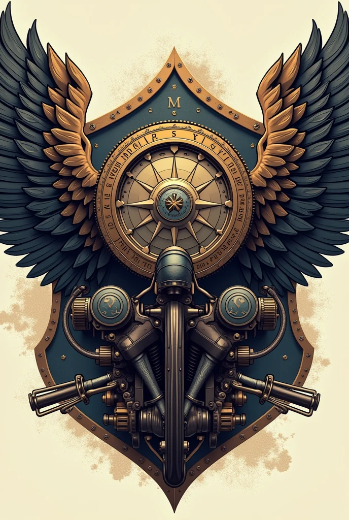 Motorcycle part assembly, compass and a road inside a coat of arms with wings
