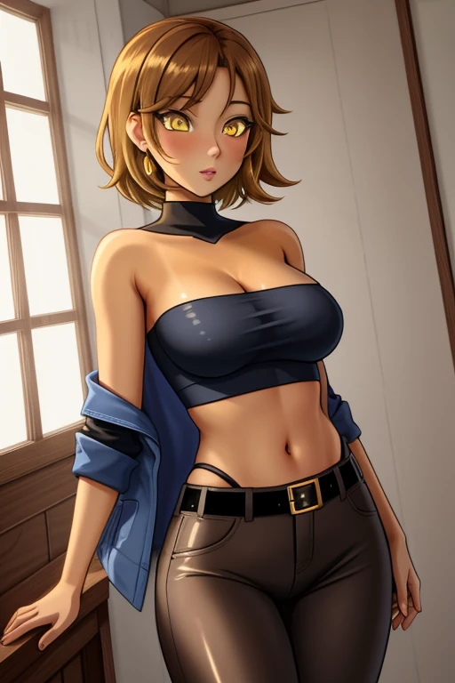 1girl, solo, 26 years old, short hair, brown hair, (yellow eyes:1.5), tan-bronze skin, tan-skinned female, athletic figure, medium breasts BREAK wearing 2000's fashion: opened blue jacket, black strapless top, (midriff), belt, shiny black leather pants BREAK looking at viewer, BREAK indoors, BREAK (masterpiece:1.2), best quality, high resolution, unity 8k wallpaper, (illustration:0.8), (beautiful detailed eyes:1.6), extremely detailed face, perfect lighting, extremely detailed CG, (perfect hands, perfect anatomy),
