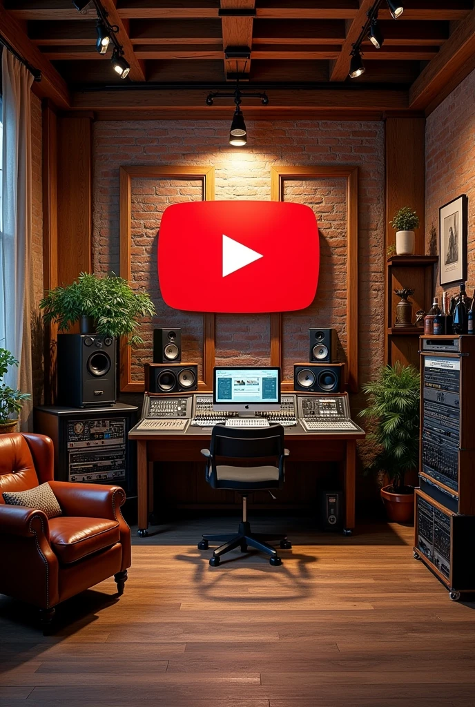 rustic recording studio with youtube logo on the wall

