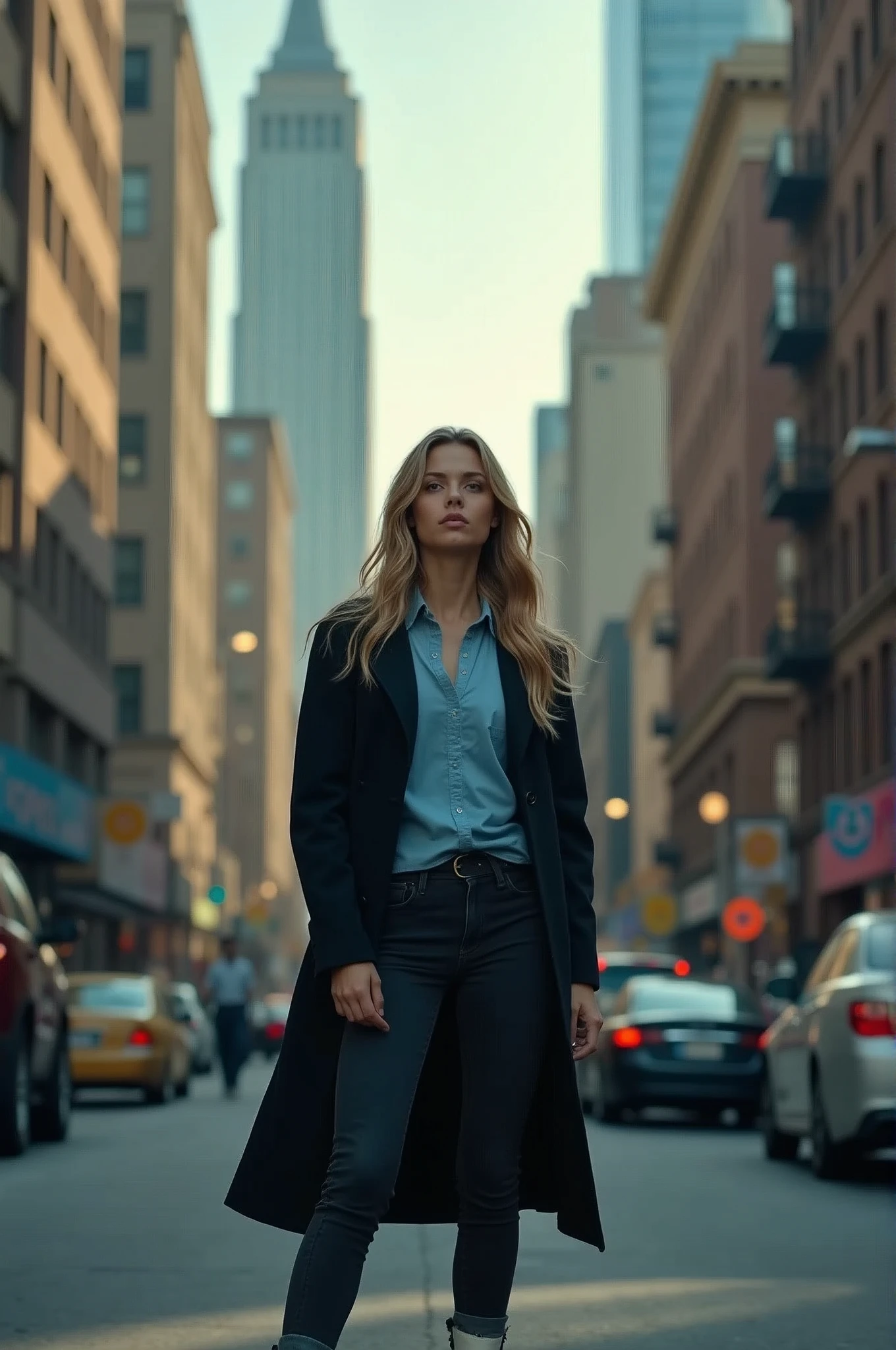 young woman, high, caucasian, long, wavy dark blonde hair, Skinny body, wearing a sky blue shirt, with black trench coat, black jeans and white boot sneakers, in the midst of an altercation, in the city, high calidad
