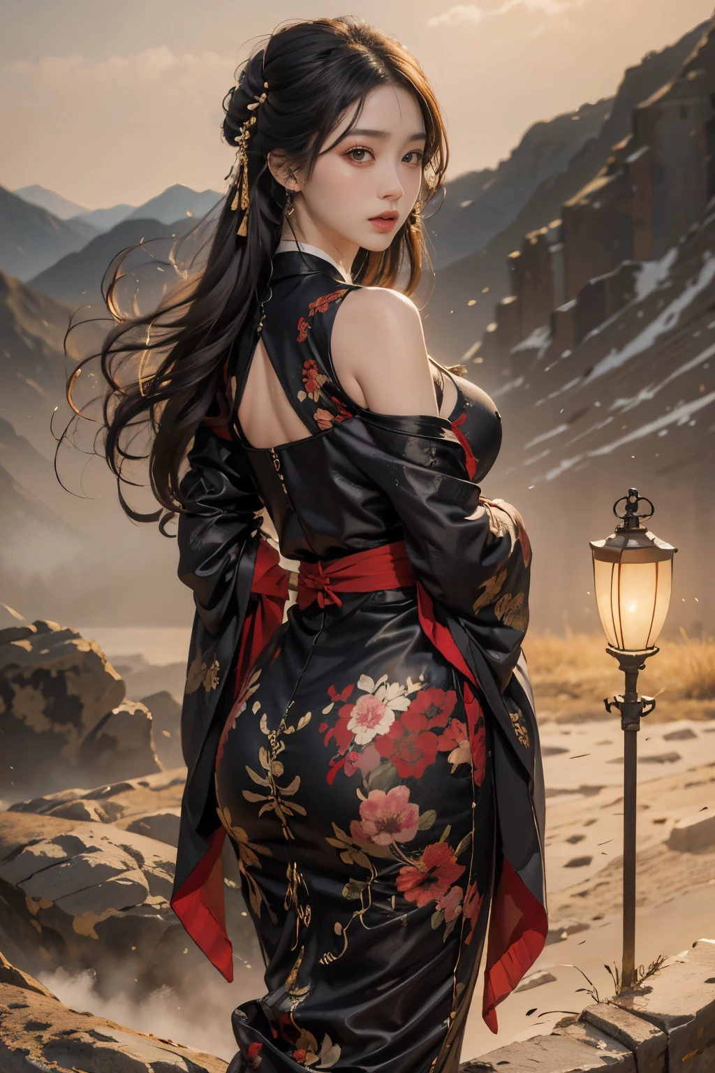 ancient buildings of China,National style beauty,Silver thread texture,linen texture,Dressed revealingly(red color Hanfu), Clothing minimalist style,Mixed Chinese and American races,The background is blurred out,focal,Movie lamplight,(((tmasterpiece))), ((Best quality at best)), ((Complex and detailed)), ((hyper realisitc)), ridiculous resolution, Moro Liberation Front, young woman, see-through, The content is very detailed, lamplight, 1 sister, (middling), Thin waist and thin hips,long and delicate eyes, Short hair details, black hair color hair, purple eyed, lacy clothing,skirt that wraps around the hips,tightsuit,with faintly visible,cooldress,The body proportions are perfect,(no underwares:1.2),detailed back ground, perfect eyes,(nice hand),Detail hands,looking at viewer,Lightweight to wear,juicy legs, smallest breasts,Shoulders exposed skin,The belly button and the surrounding area are exposed,Are thin,Beautiful girl with slender body,Small waist,Thin legs,((平らな胸)),