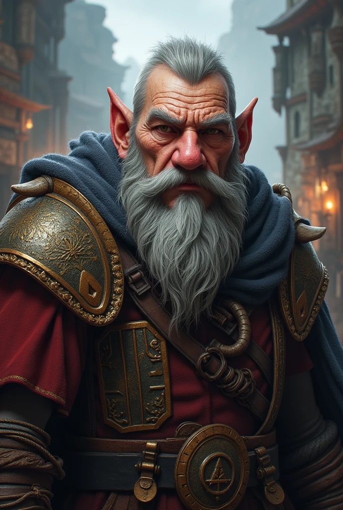 RPG dwarf with short gray hair, 40-year-old face with few wrinkles and a large curved nose