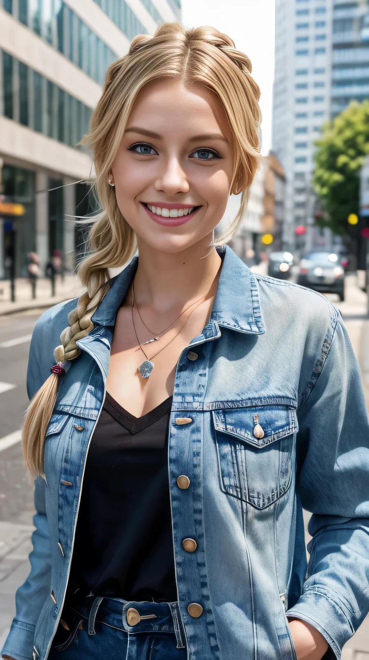 Super Resolution、Beautiful German Women、、Blonde Hair、blue eyes、Hairstyle braid、ear piercing、necklace、Denim jacket、shirt、smile、Beautiful teeth alignment、The background is a city street
