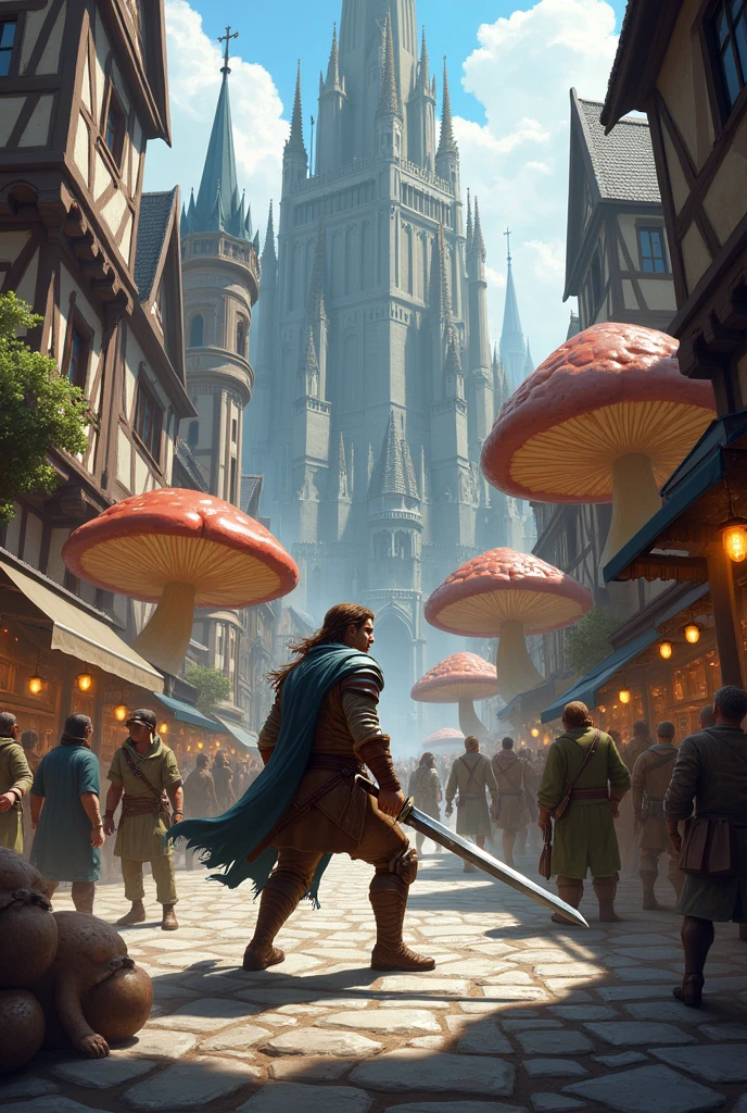 An adventurer fighting a tribe of mushroom monsters in the middle of a medieval city 