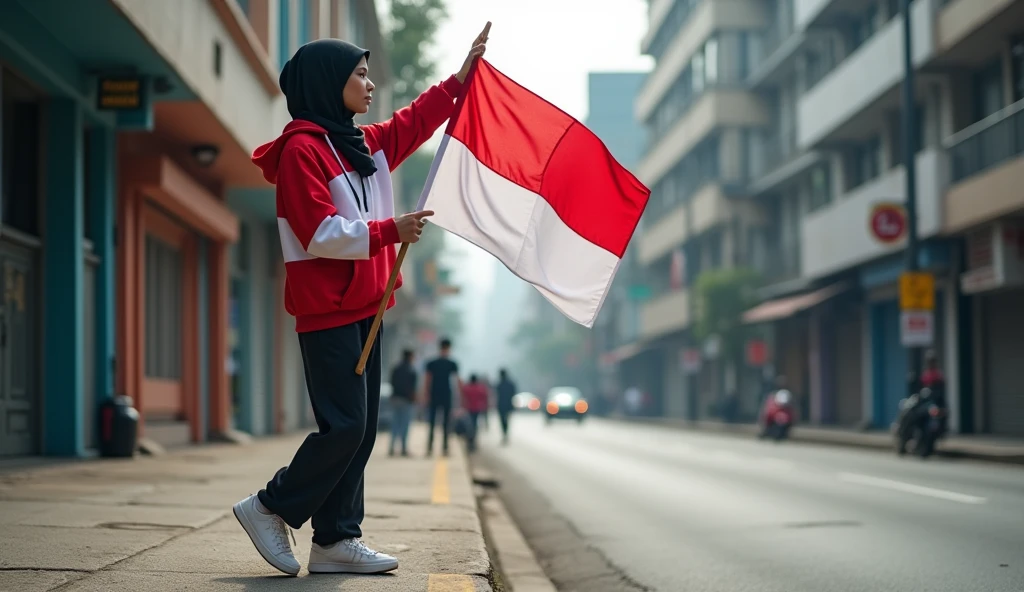 very high quality photo, independence scene, a woman wearing a hijab from Indonesia, wearing a red and white hoodie and sneakers, carrying a flag posing on the side of a city street, full body, realistic and cool visual effects, looks real and perfect, UHD K, very sweet