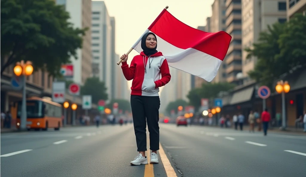 very high quality photo, independence scene, a woman wearing a hijab from Indonesia, wearing a red and white hoodie and sneakers, carrying a flag posing on the side of a city street, full body, realistic and cool visual effects, looks real and perfect, UHD K, very sweet
