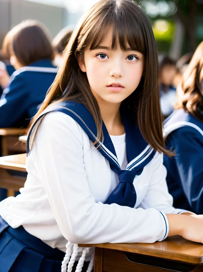 1 girl, a stunningly beautiful 12-year-old, sad, medium Hair, glamorous figure, busty, (Japan schoolgirl traditional school uniform、White long sleeve sailor suit:1.2), hyper cute face, girly, glossy lips, double eyelids in both eyes, natural, long eyelashes, shiny smooth light brown hair, asymmetrical bangs, fair skin, (Many students in the background:1.2), central image, high resolution, high detail, detailed hairstyle, detailed face, Junior high school student, school, library, spectacular cinematic lighting, octane rendering, vibrant, hyper realistic, perfect limbs, perfect anatomy,