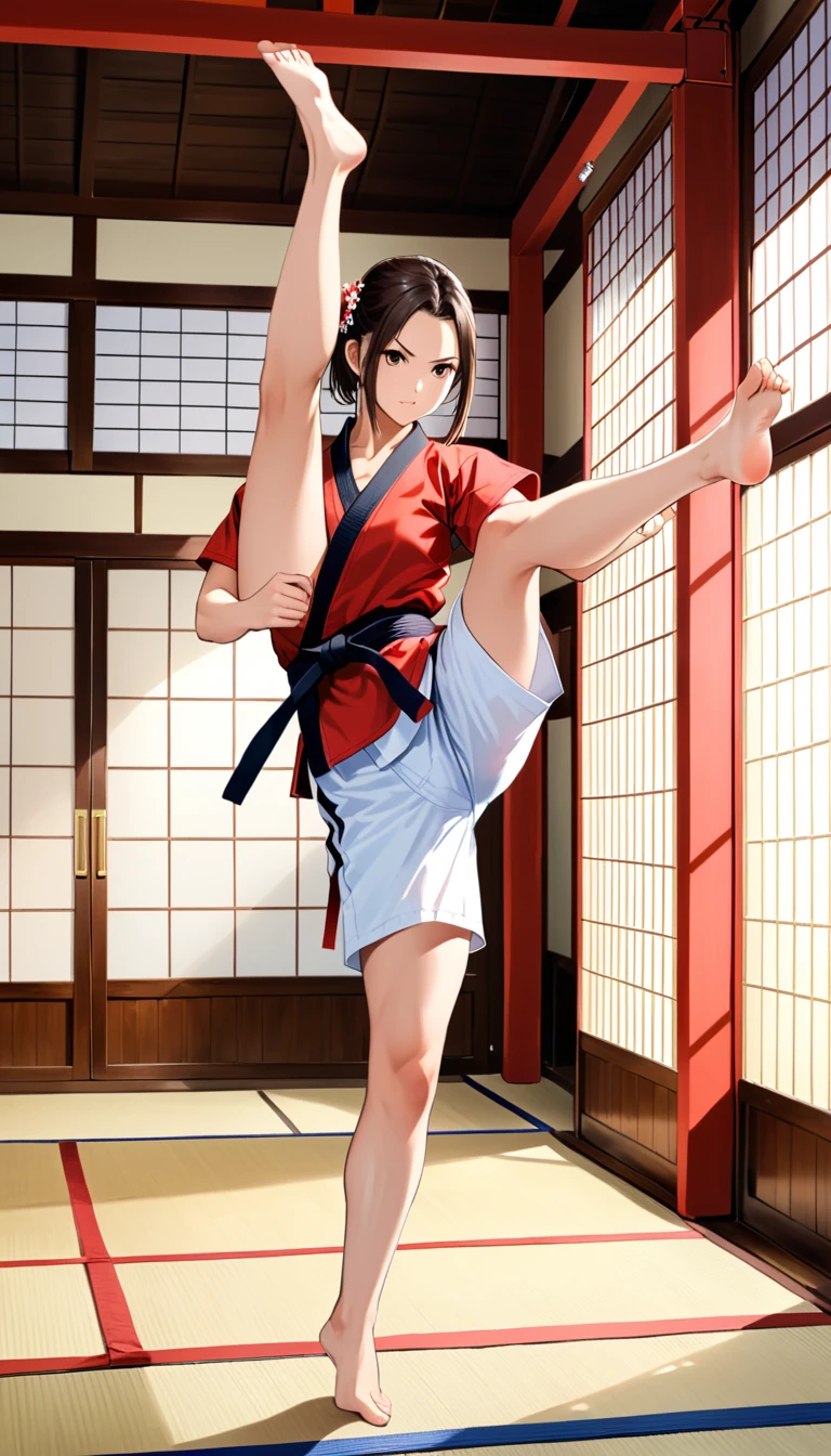 (Ken Obata style:1.3), Angry gaze, Wearing a short-sleeved karate uniform, Wearing sports shorts, Standing on one leg, straight legs, Split kick, High Kick, Standing Split, barefoot, Accurate feet, Accurate hands, bare hands, Fighting Pose, martial arts, At the dojo, Perfect Proportions, Full body portrait of a girl, (Highest quality,8k,High resolution,Very detailed,masterpiece)