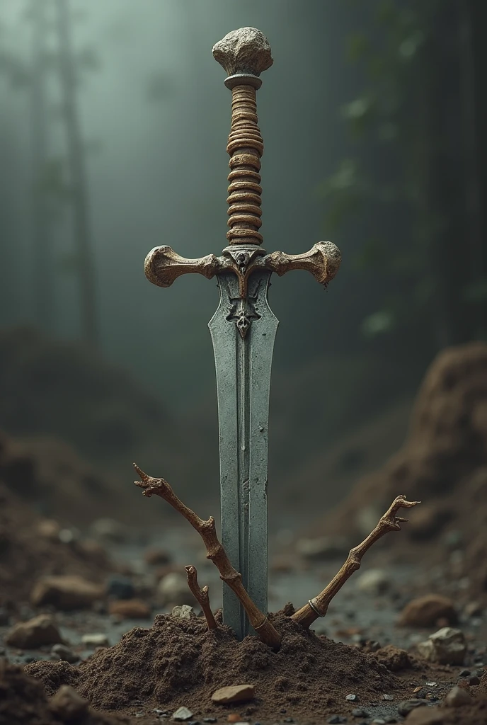 Sword broken in half, the hilt of the sword are bones of a forearm