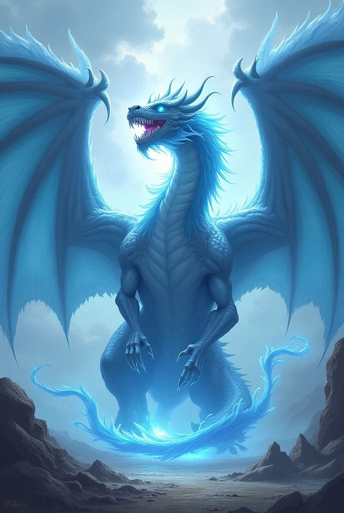 Cool Dragon,Open your mouth, Blue Hair/Light blue hair, Off-screen, Afterimage, God,羽がhuge,Powerful aura,huge