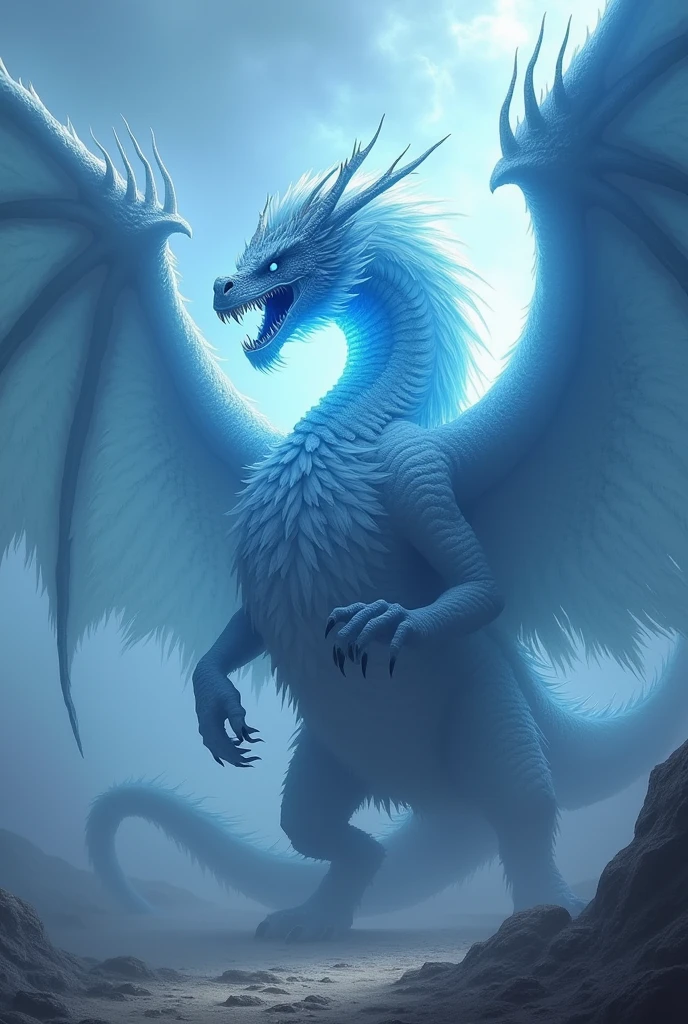 Cool Dragon,Open your mouth, Blue Hair/Light blue hair, Off-screen, Afterimage, God,羽がhuge,Powerful aura,huge