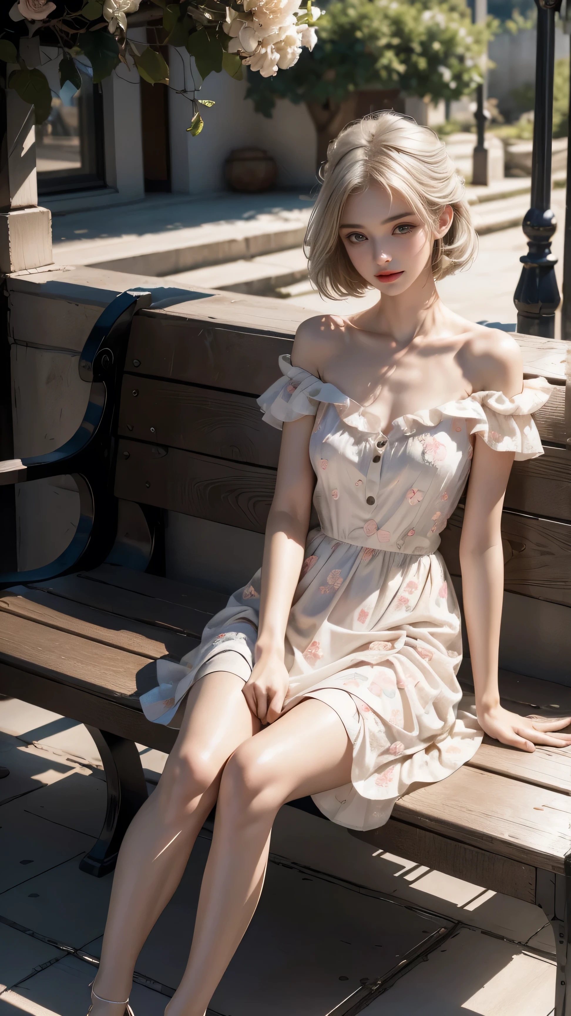 ((A woman sitting on a bench on the balcony of an ancient city)),(Sitting with legs crossed)、(White high heels)Heterochromia of the iris,Silver-haired,High resolution free,(Semi-transparent off-the-shoulder white floral dress)、(Wind blows my skirt)、Highest quality works,Actual work,Ultra Premium Graphics,8K HD CG Works,High Quality Graphics,High-definition CG works,10x pixels,Extremely fine detail:1.1,Advanced Technical Details:1.1 Photorealistic,Natural light:1.5、((Golden White Short Hair))、(Bob Hair)、Thin eyebrows、High nose、Nice red lips、Rose Cheeks、Face with Subtle Makeup、Cute Face、Perfectly balanced face、()、Bright Toned Foundation Enhances Skin Transparency。、、(Off-the-shoulder white floral dress)). 40k、photograph、Tabletop、Highest quality、((1 Beautiful Eyes、bright hair、White skin、 Mr.々Pose。((Medium chest、:1.1))、Highest quality、Tabletop、Ultra-high resolution、(Real:1.4)、RAWphotograph、(Perfect Figure)、(slim:1.3)、Slim abdomen、Perfect slim figure、Dynamic Pose、one person、Cold light 12000K、Very detailed face and skin texture、Fine particles、Realistic eyes、Beautiful Fine particles、(Real skin)、Charm、Ultra-high resolution、surreal、Very detailed、